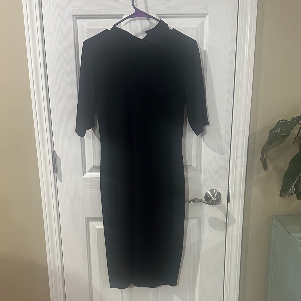 VENUS Black Midi Dress with Mock Neck
